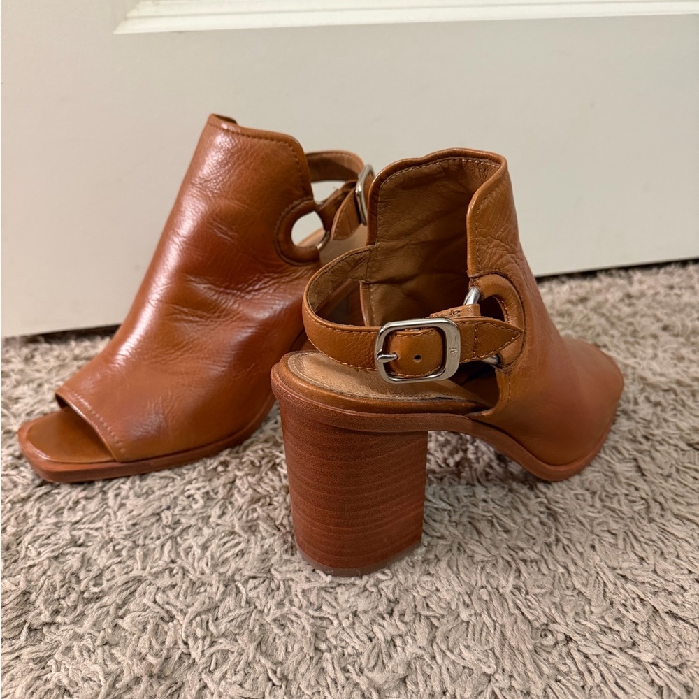 Frye Cognac Leather Open-Toe Block Heel Sandals